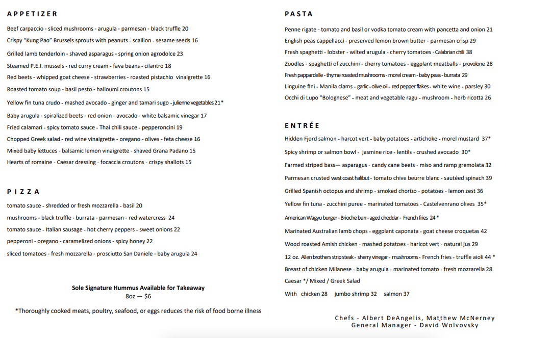 Solé Restaurant Menu